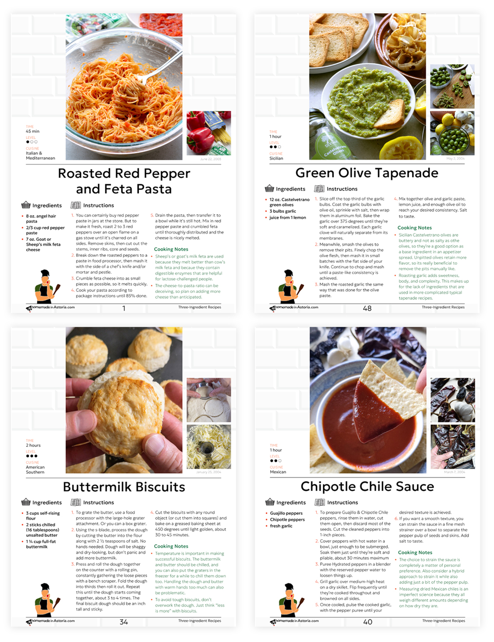 4 sample pages from the Homemade in Astoria 3-Ingredient Recipes digital cookbook
