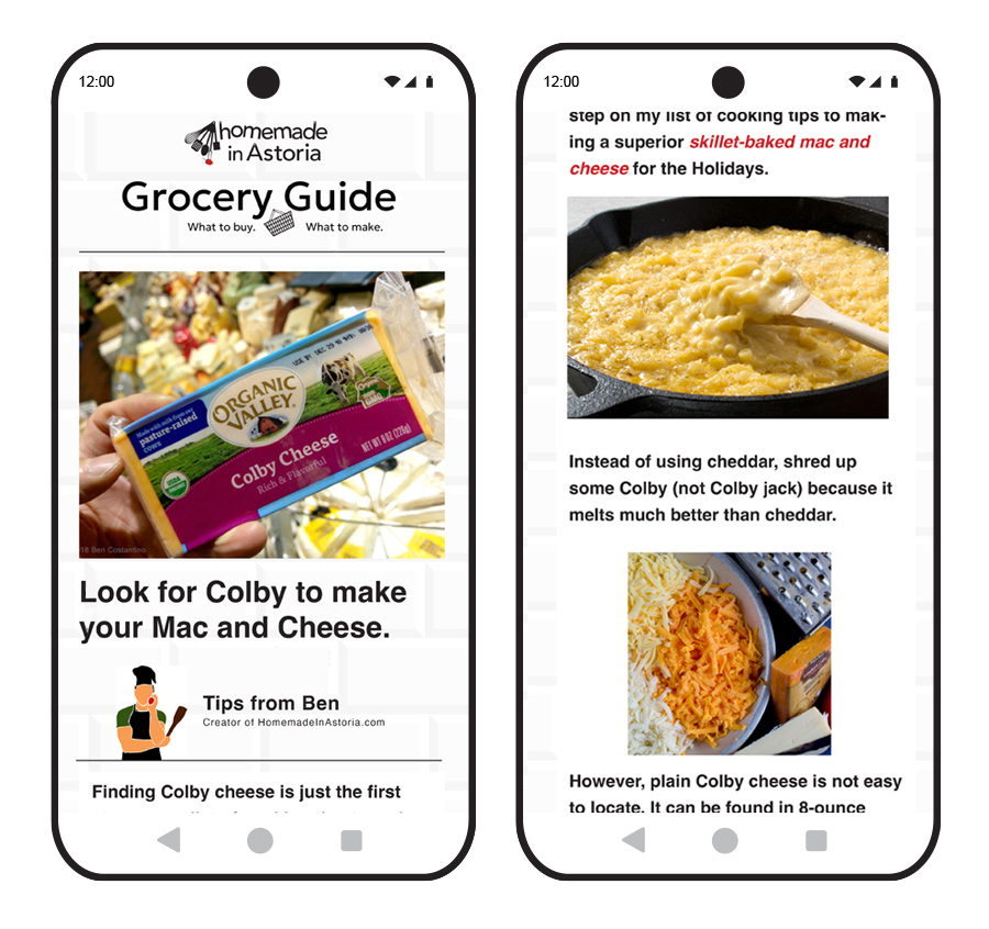 sample image of HTML emails from the Homemade in Astoria Grocery Guide featuring colby cheese with cooking tips for macaroni and cheese